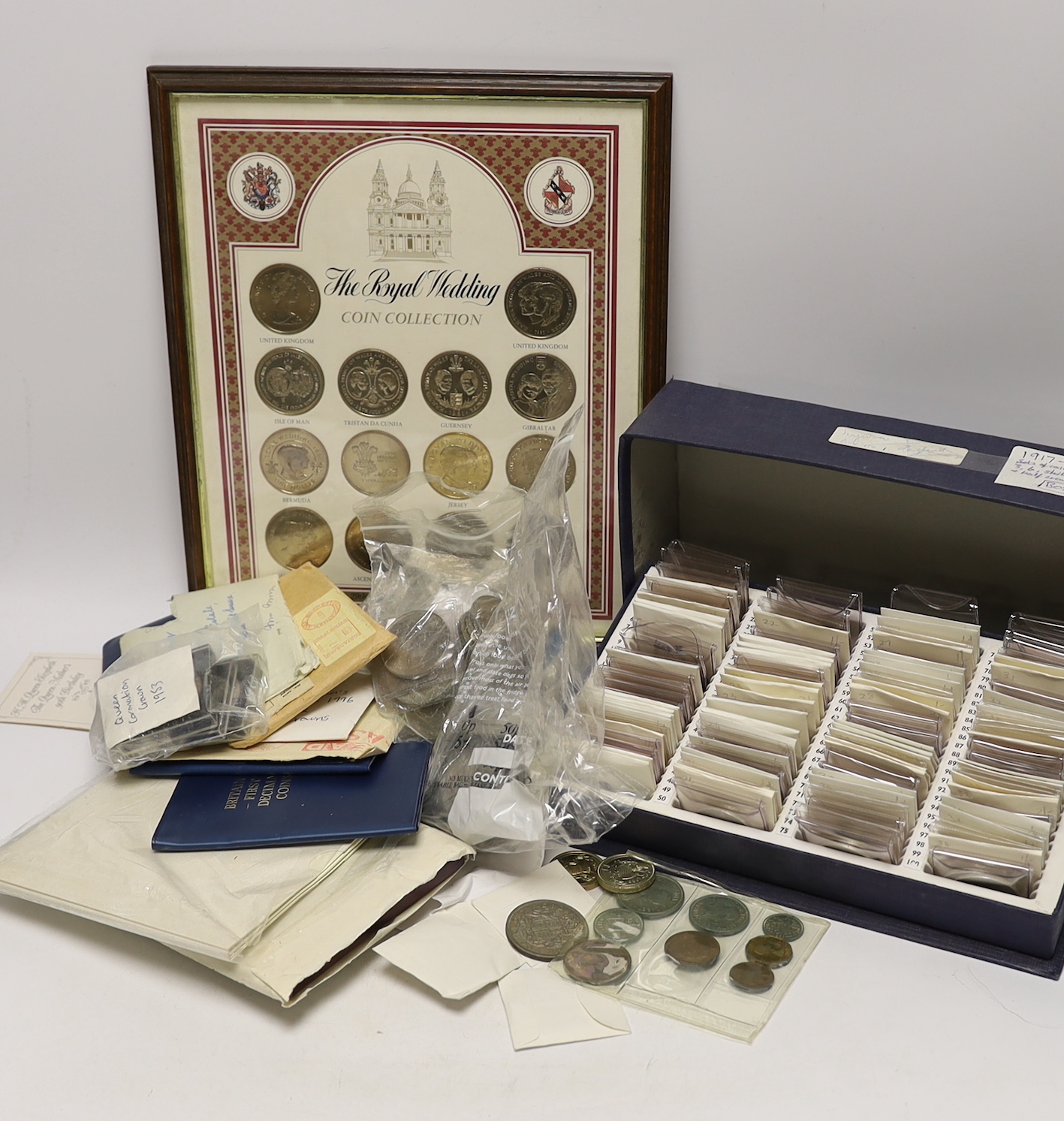 A collection of QEII commemorative crowns, mostly pre-decimal, a 1937 crown, and incomplete composed sets of George V coins, farthing to halfcrown for 1917-1934, varying grades, 1 box